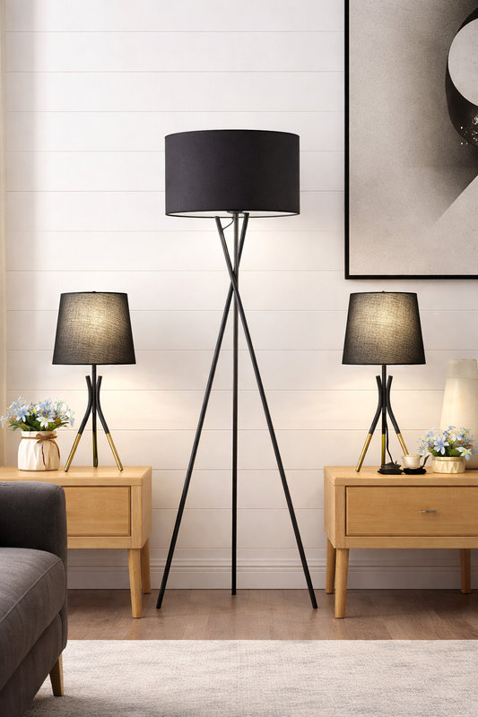 Black Linen Floor Lamp Set — 3 Pieces