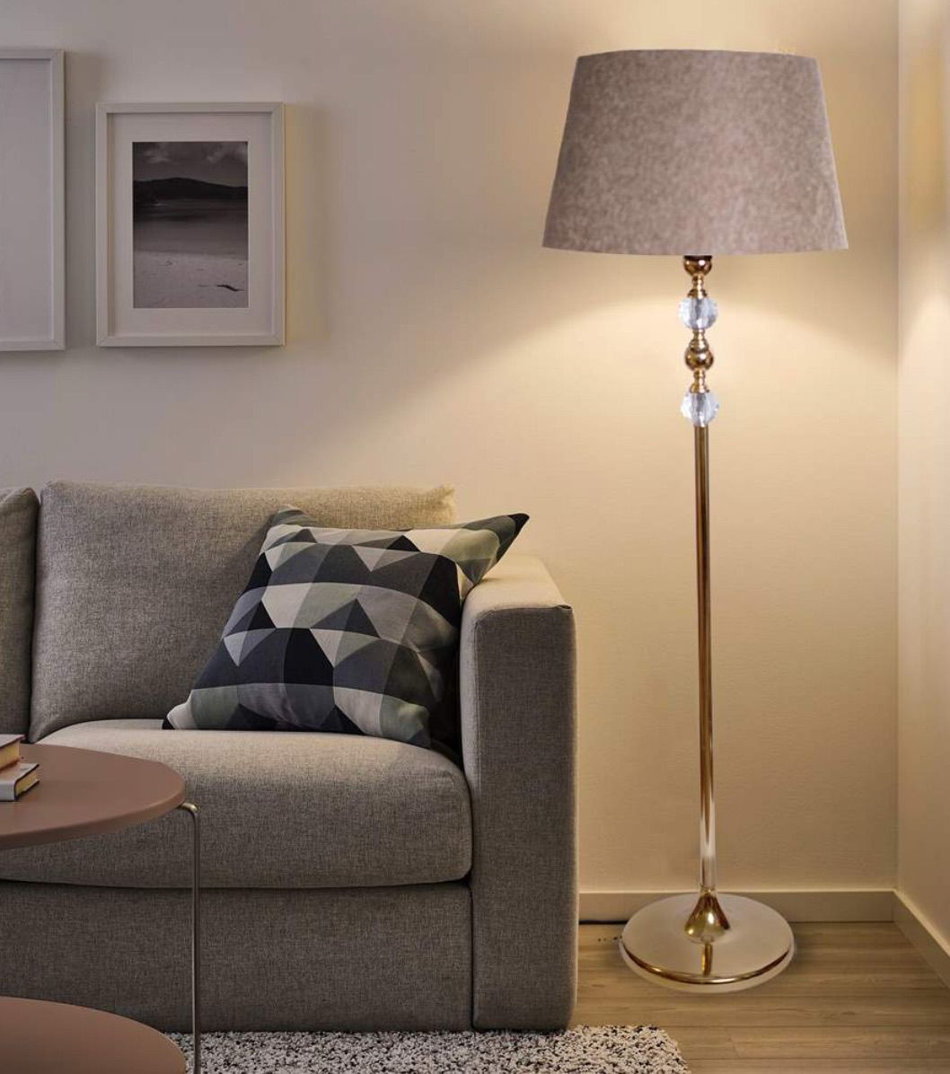 Iron and crystal floor lamp with gold and beige linen - 30x150 cm