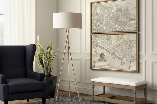 Fabric and iron floor lamp, gold color with off-white shade - 40×40×150 cm