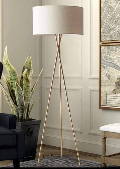 Fabric and iron floor lamp, gold color with off-white shade - 40×40×150 cm