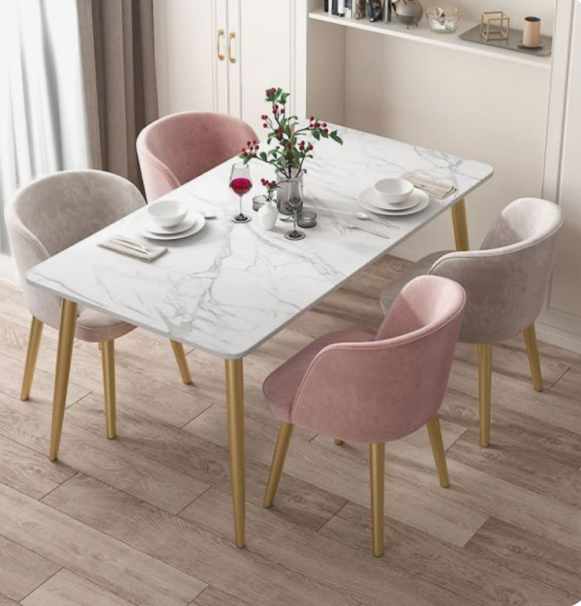 Dining Table Marble & 4 chairs Quartez coated iron/ polished wood