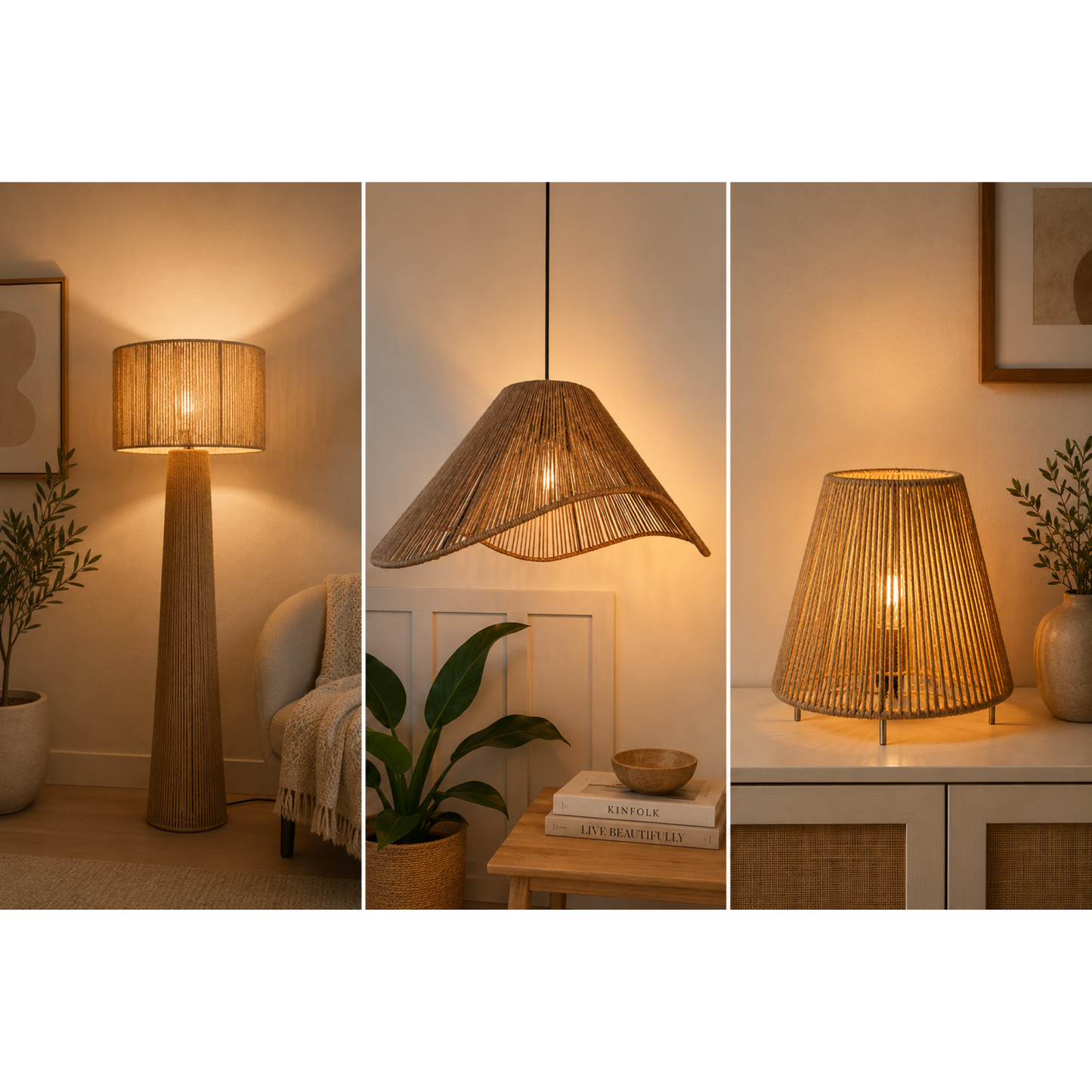 3-Piece Handmade Jute Lighting Set – Floor Lamp, Pendant & Table Shade