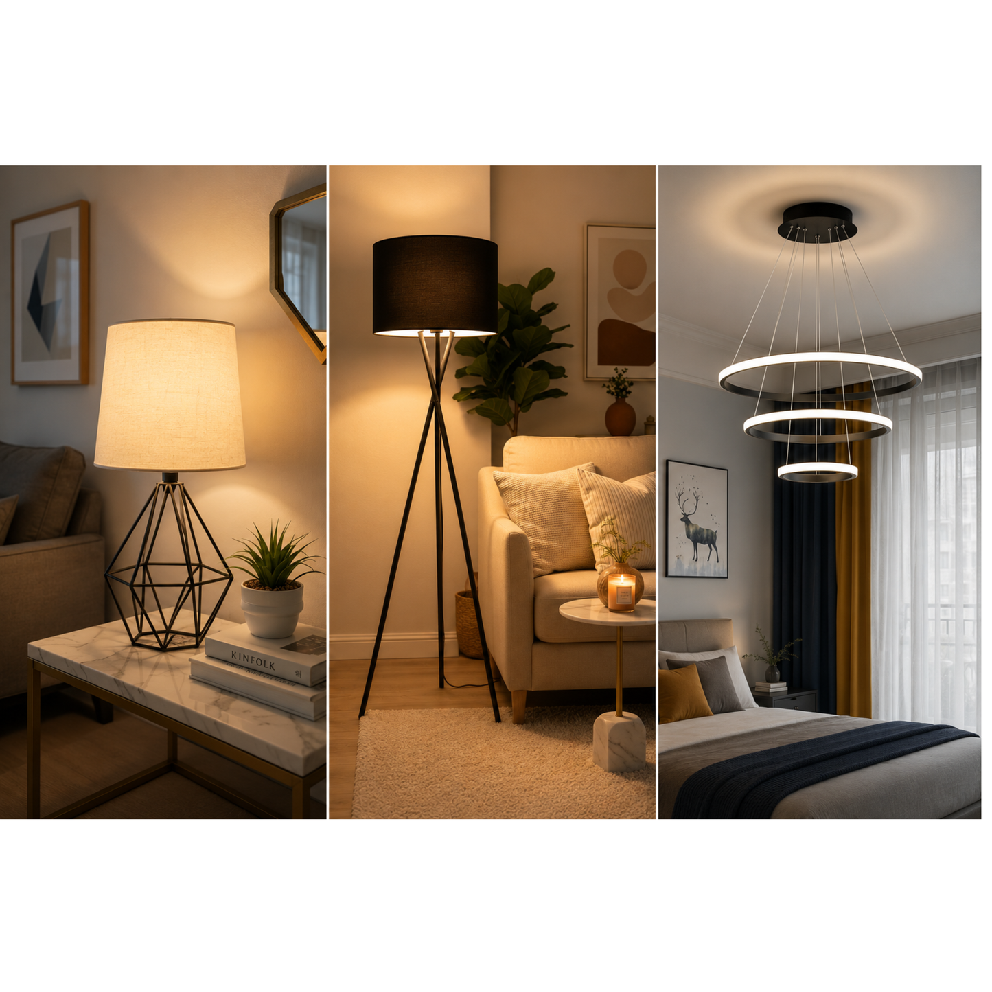 3-Piece Black Lighting Set – Table Shade, Floor Lamp & Ring Pendant