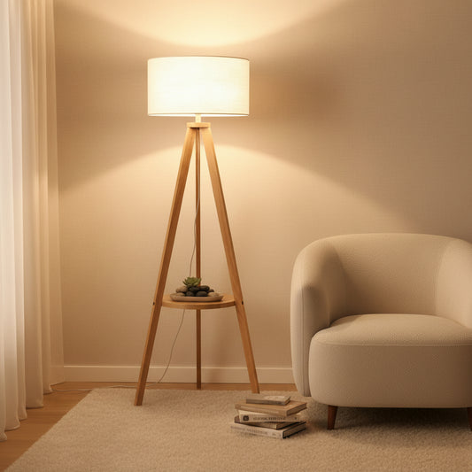 Beech Wood and Plastic Backed Fabric Floor Lamp White and Beige - 150x40x40 cm