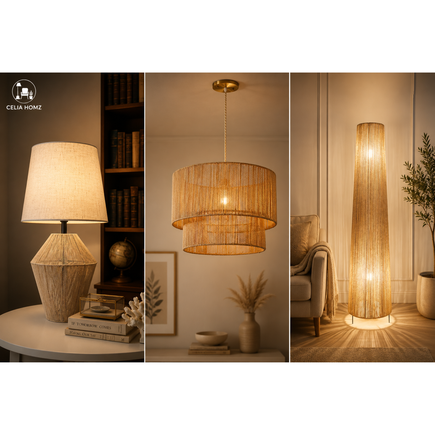 3-Piece Natural Jute Lighting Set – Table Shade, Pendant & Floor Lamp