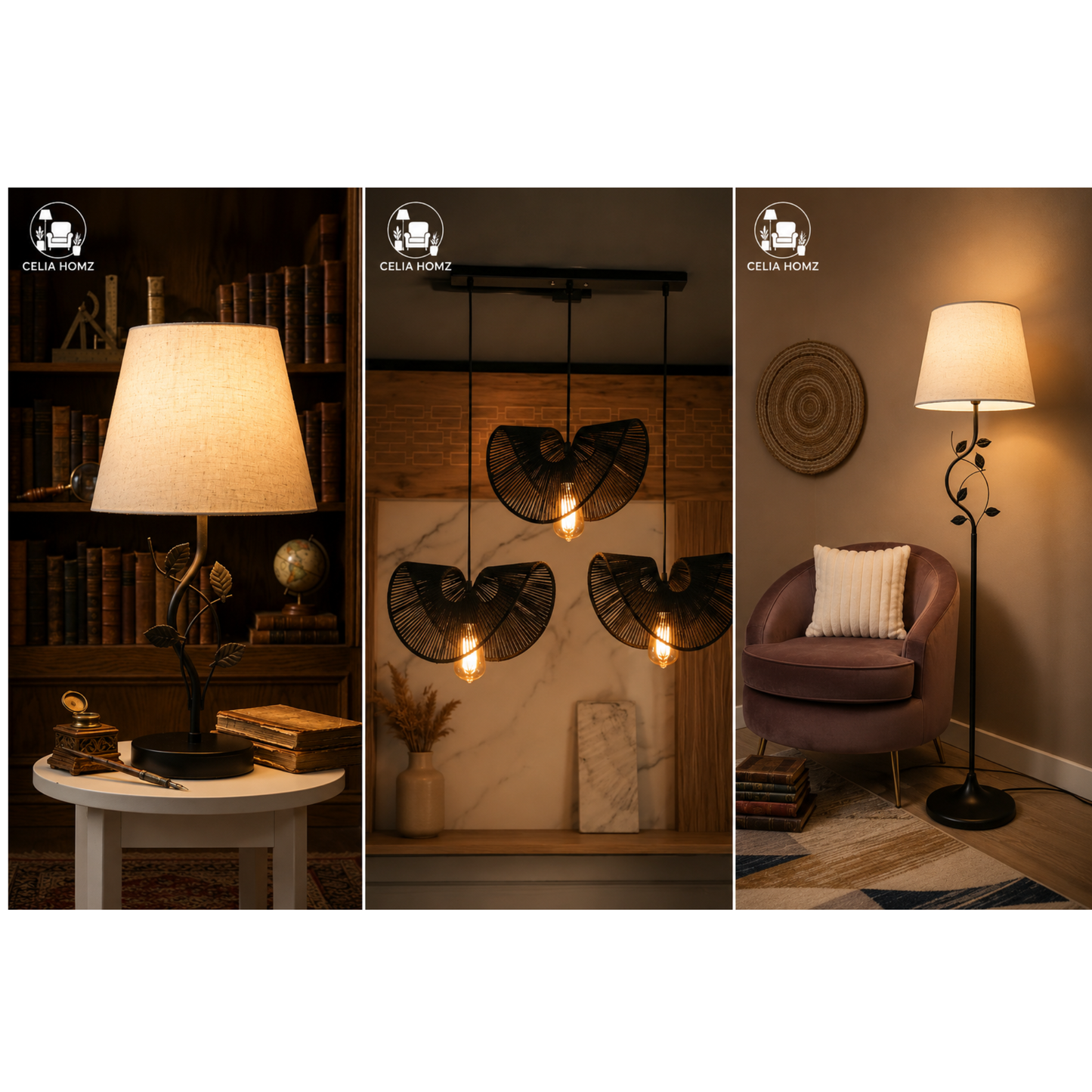 3-Piece Black Botanical Lighting Set – Table Lamp, Triple Pendant & Floor Lamp