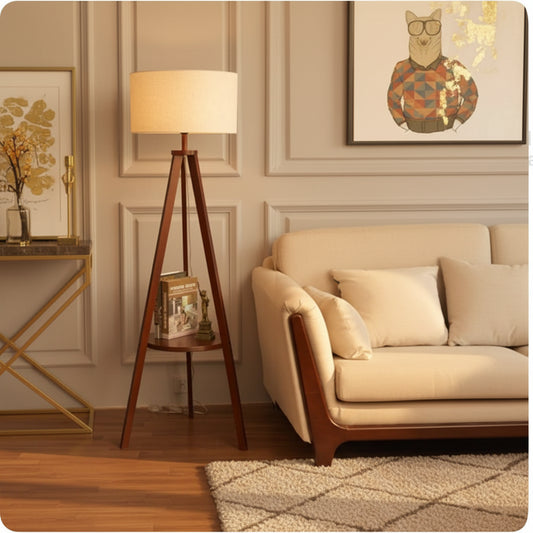 Brown floor lamp with off-white shade- 150×40×40 cm