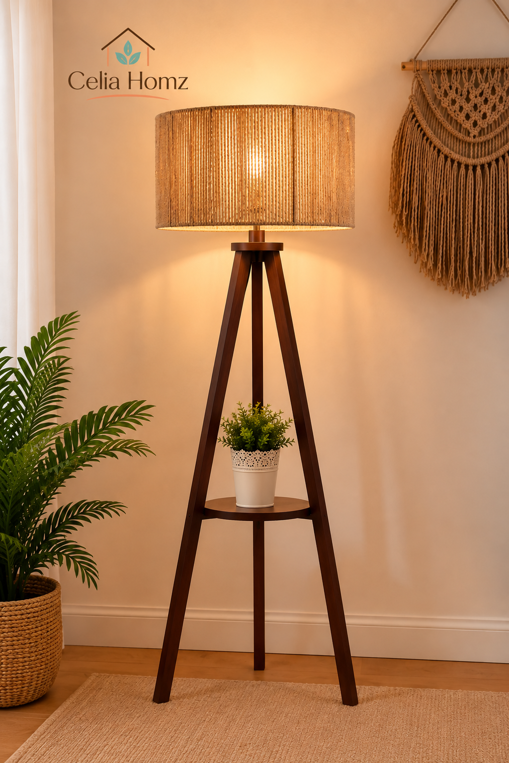 Musky wood Browen floor lamp with beige fabric