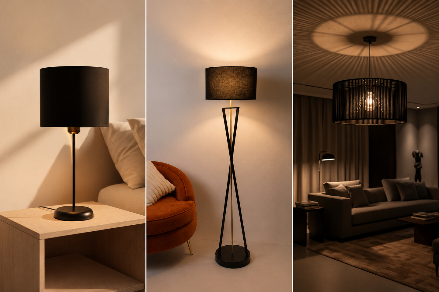 3-Piece Black Lighting Set – Table Shade, Floor Lamp & Wire Pendant