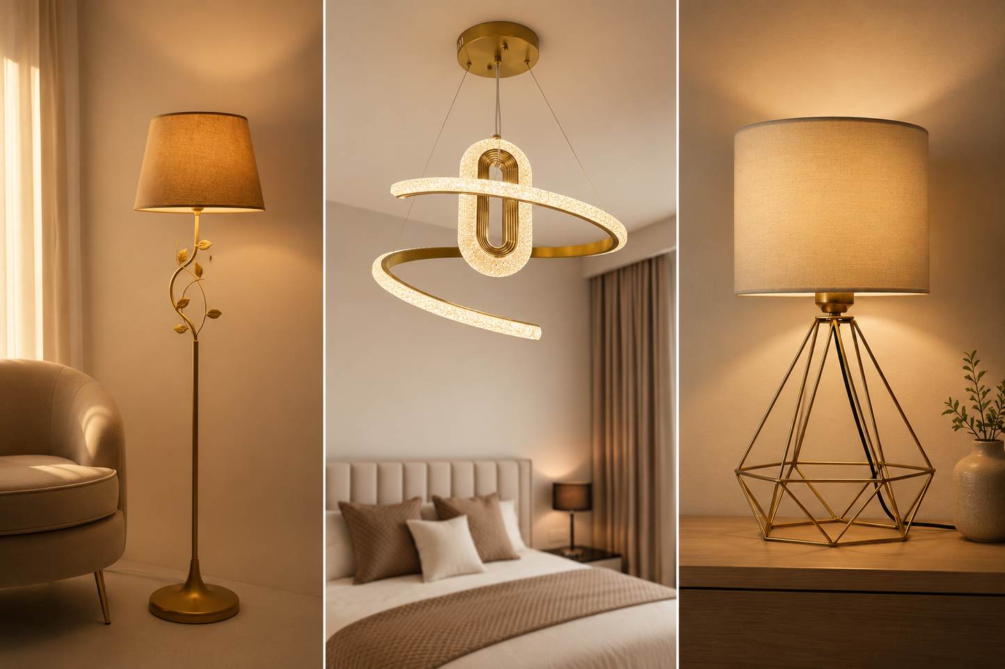 3-Piece Gold Lighting Set – Floor Lamp, Pendant & Table Shade
