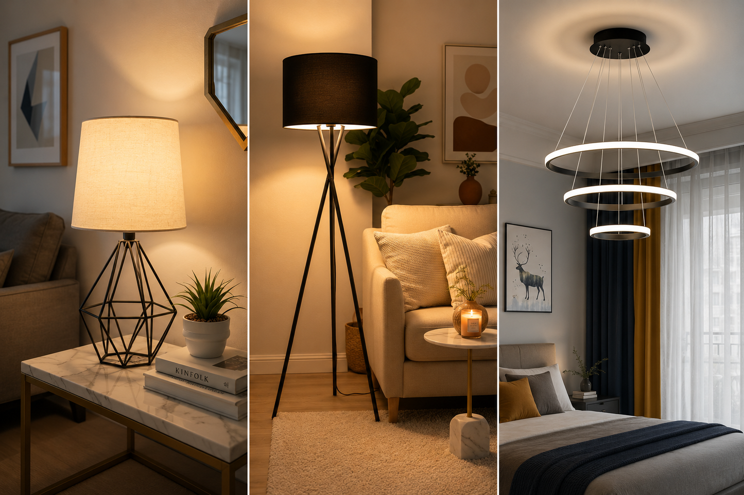 3-Piece Black Lighting Set – Table Shade, Floor Lamp & Ring Pendant