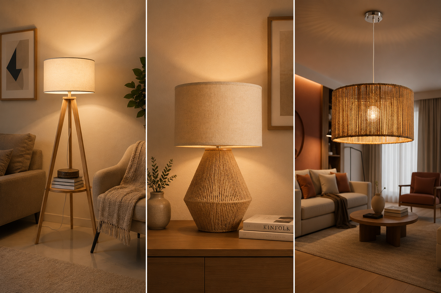 3-Piece Wood & Jute Lighting Set – Floor Lamp, Table Shade & Pendant