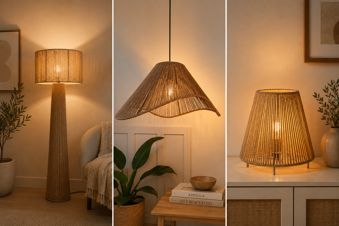3-Piece Handmade Jute Lighting Set – Floor Lamp, Pendant & Table Shade