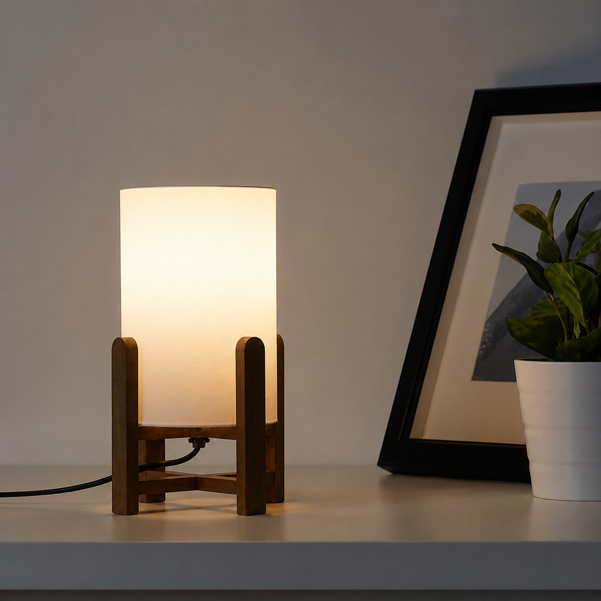 Beech wood lamp with beige linen - 20×20×40 cm