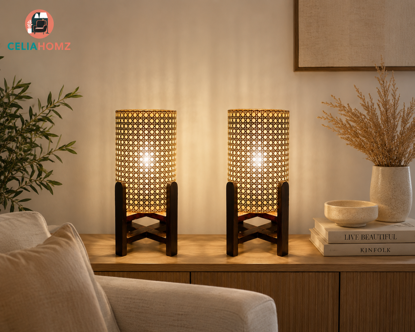 Rattan-Boho Table Lamp Browen 20x45 cm 2 Pices