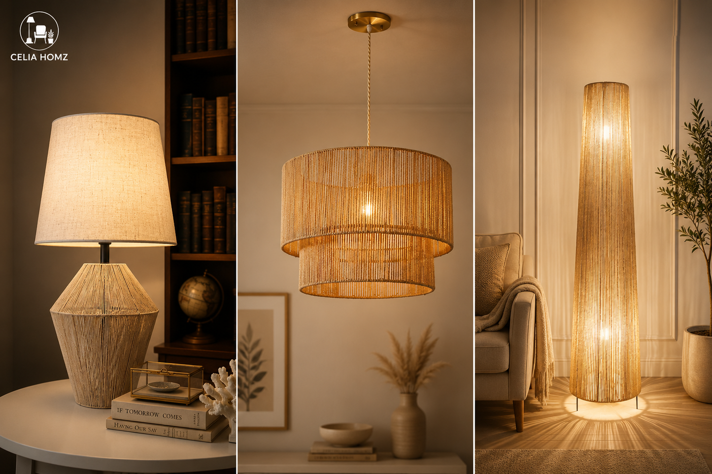 3-Piece Natural Jute Lighting Set – Table Shade, Pendant & Floor Lamp