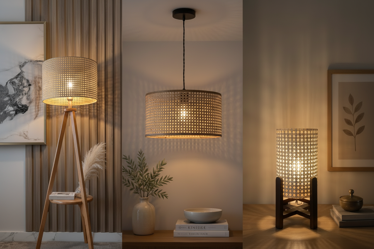 3-Piece Rattan Cane Lighting Set – Floor Lamp, Pendant & Table Shade