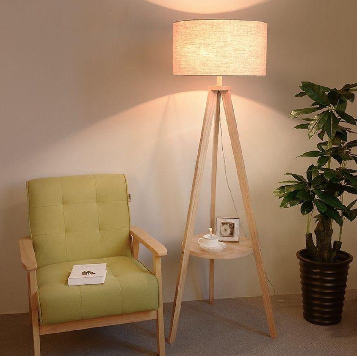 Musky Wood and Plastic Backed Fabric Floor Lamp White & Beige - 150x40x40 cm +