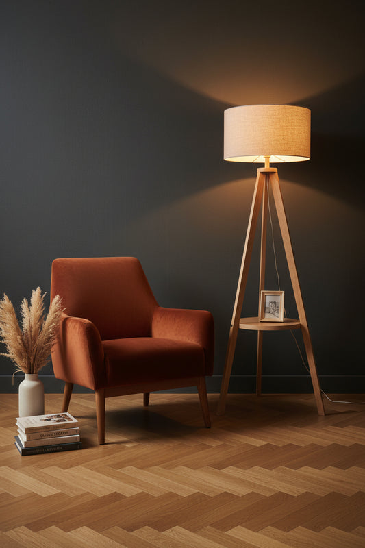 Musky Wood and Plastic Backed Fabric Floor Lamp White & Beige - 150x40x40 cm +