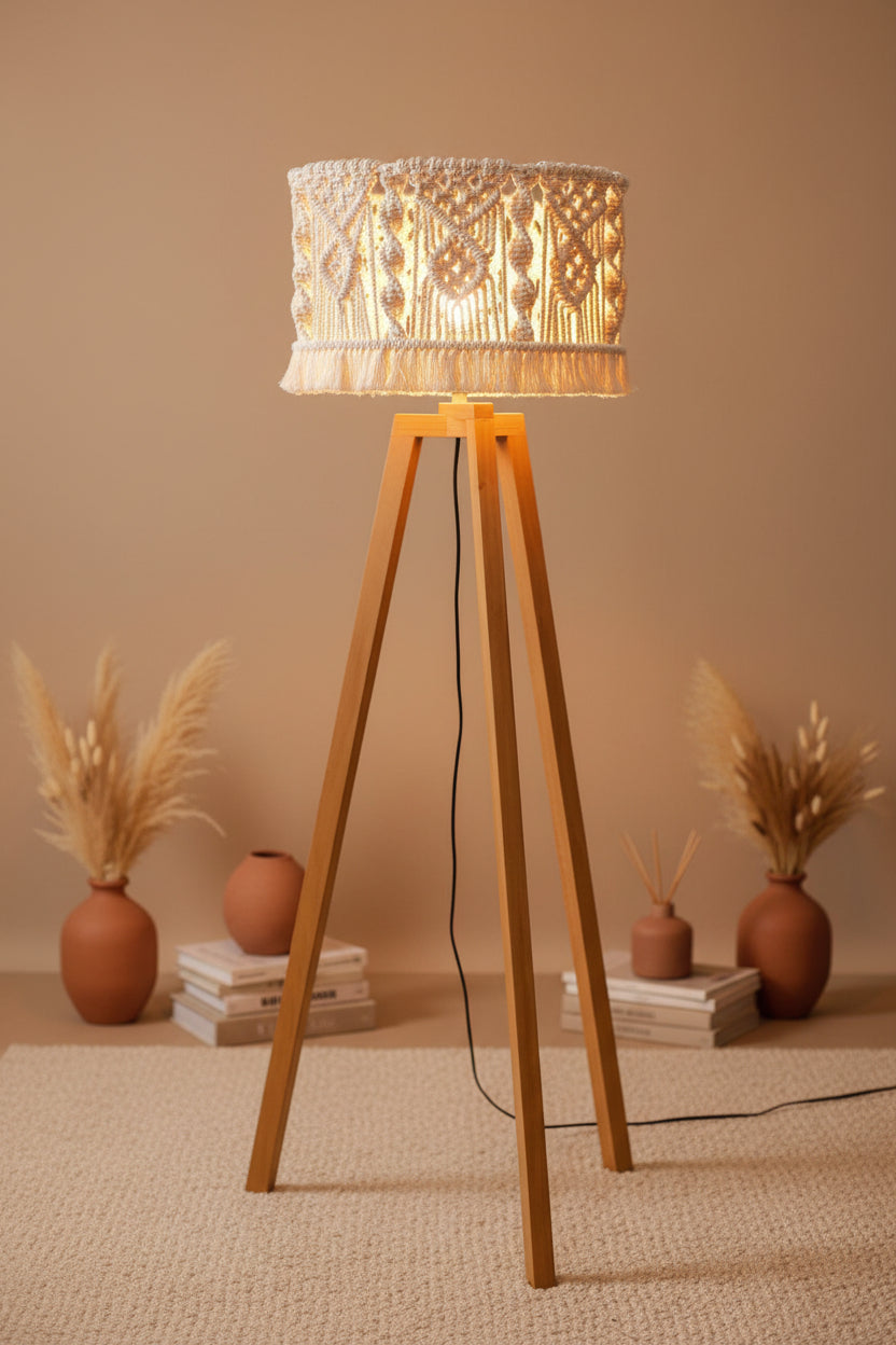 Beech wood floor lamp with beige fabric
