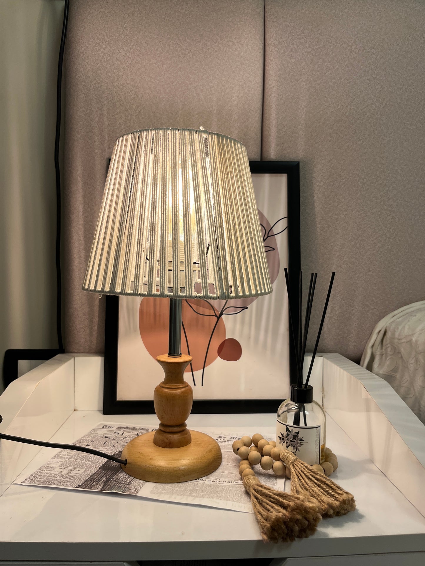 Brown wooden lampshade with threads