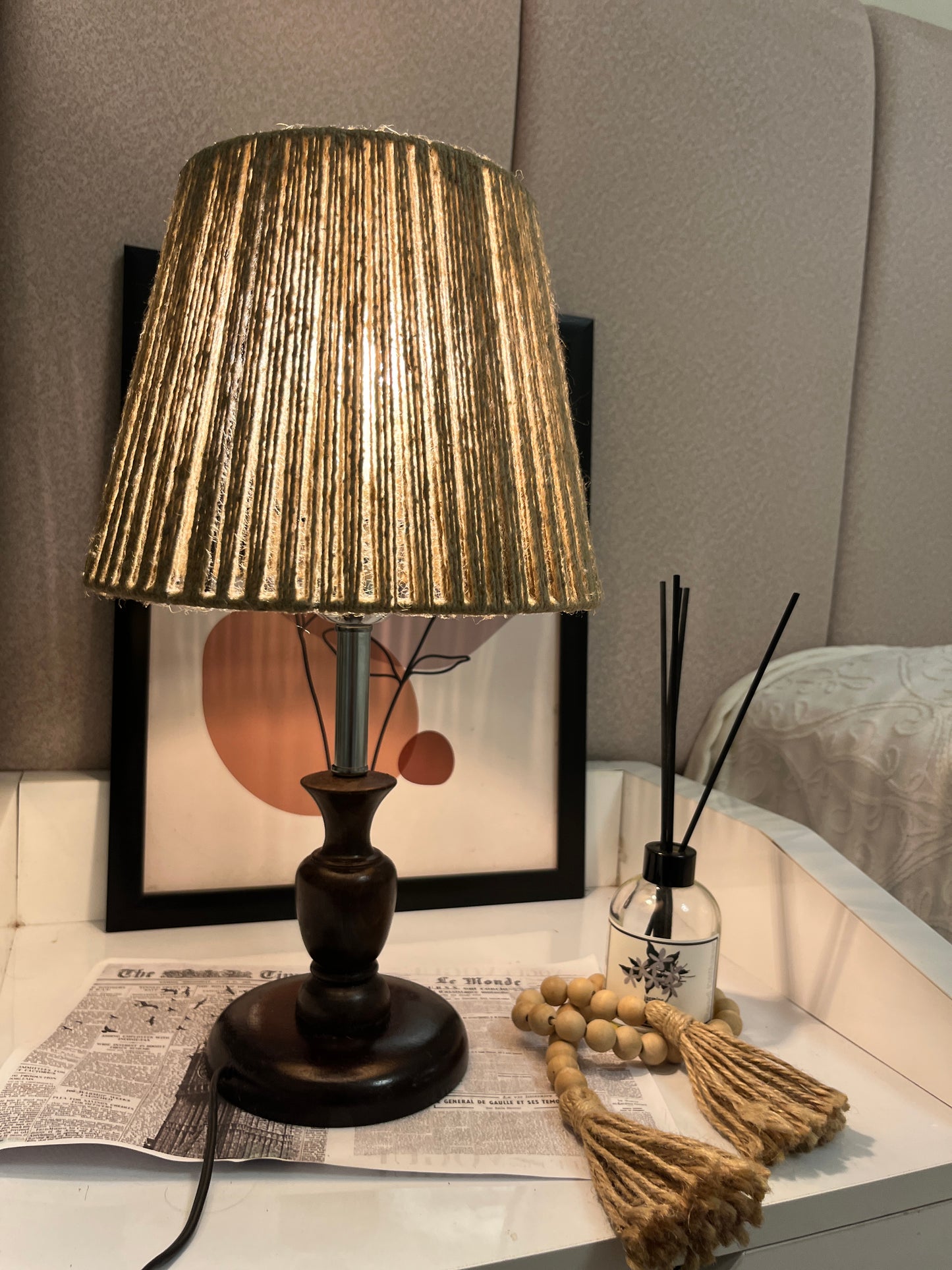 Brown wooden lampshade with threads