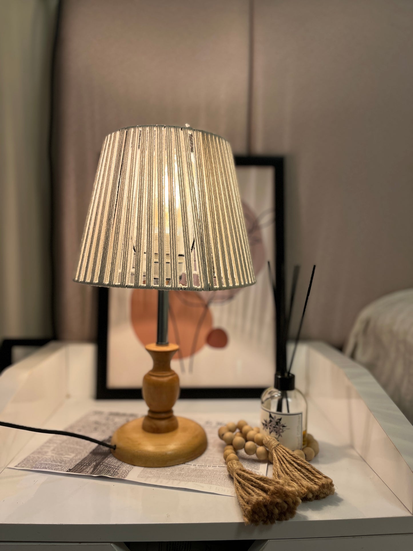 Brown wooden lampshade with threads