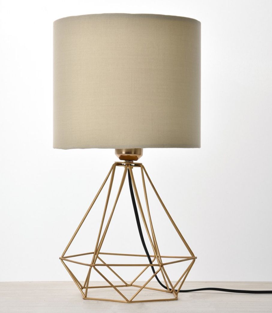 Gold metal lamp with beige linen - 17×37×17 cm