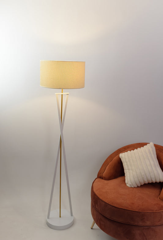 White iron floor lamp with gold color and beige shade - 40x150 cm