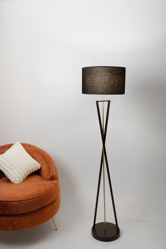 Black iron floor lamp with gold color and black shade - 40x150 cm
