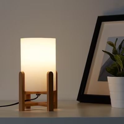 Beech wood lamp with beige linen - 20×20×40 cm