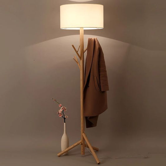 Beech wood and beige linen floor lamp - 40×40×150 cm