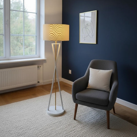 White iron floor lamp with gold color and beige shade - 40x150 cm