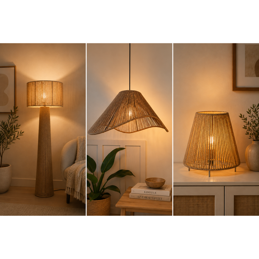 3-Piece Handmade Jute Lighting Set – Floor Lamp, Pendant & Table Shade