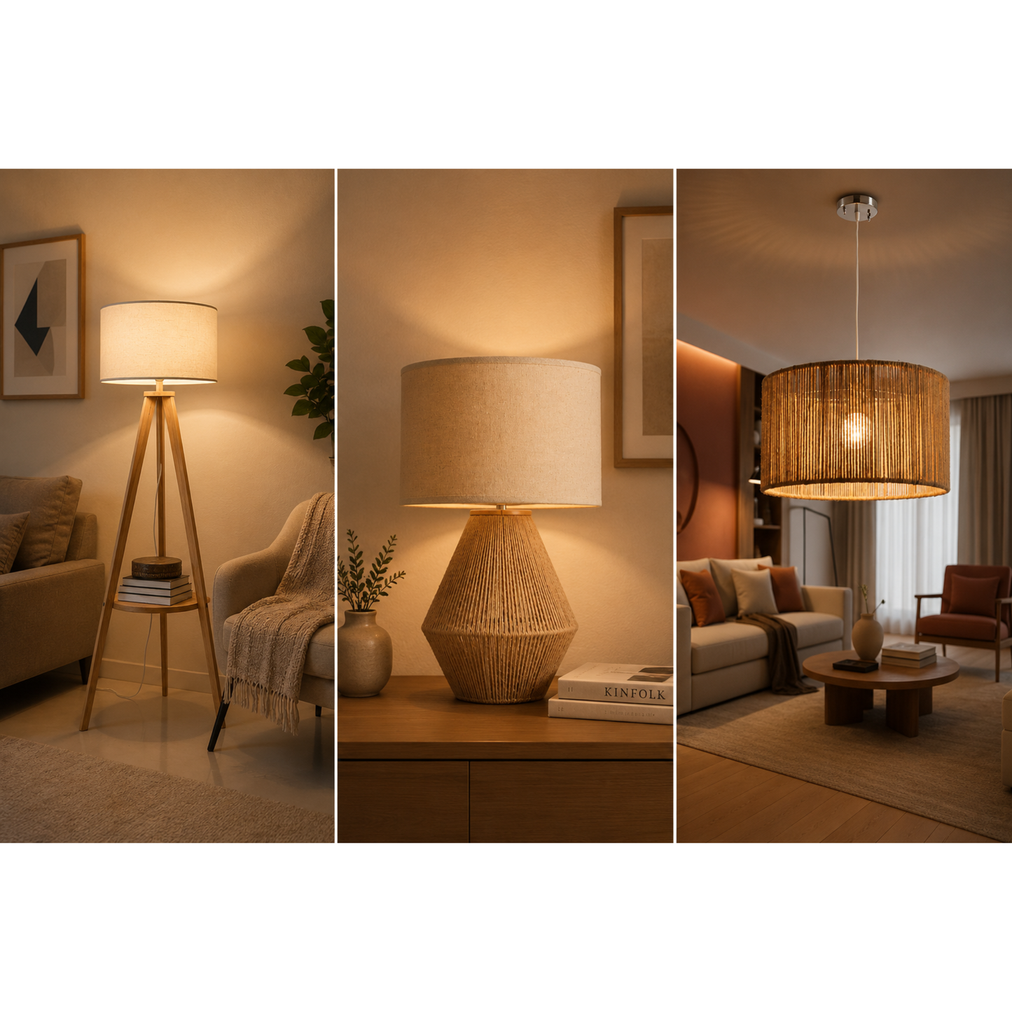 3-Piece Wood & Jute Lighting Set – Floor Lamp, Table Shade & Pendant