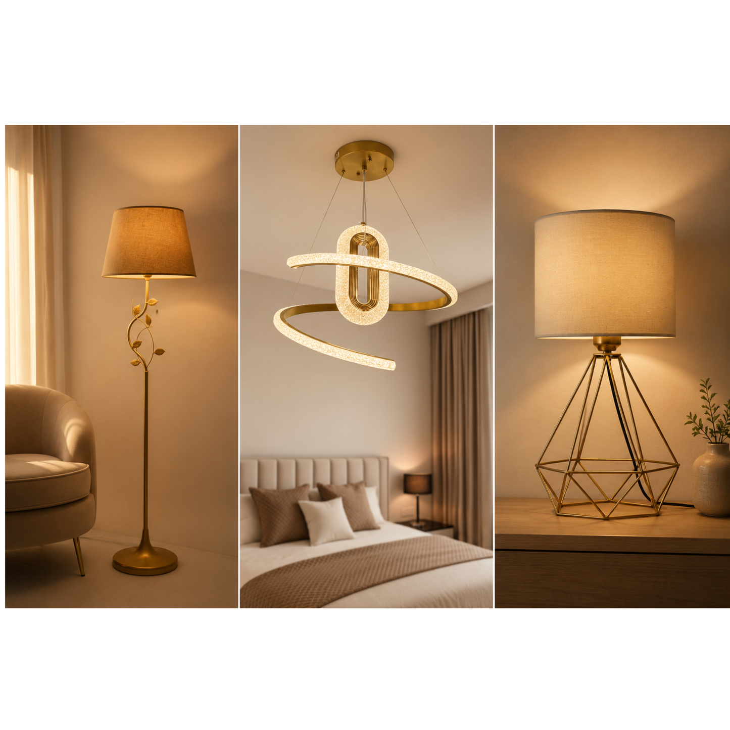 3-Piece Gold Lighting Set – Floor Lamp, Pendant & Table Shade