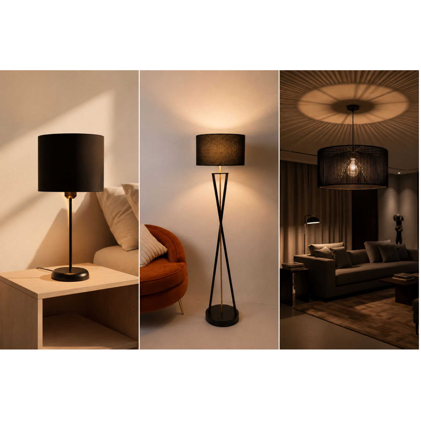 3-Piece Black Lighting Set – Table Shade, Floor Lamp & Wire Pendant