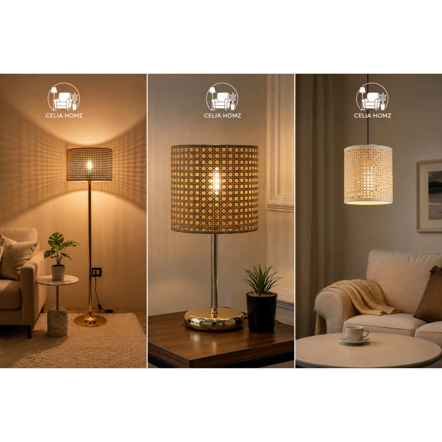 3-Piece Rattan & Gold Lighting Set – Floor Lamp, Table Shade & Pendant