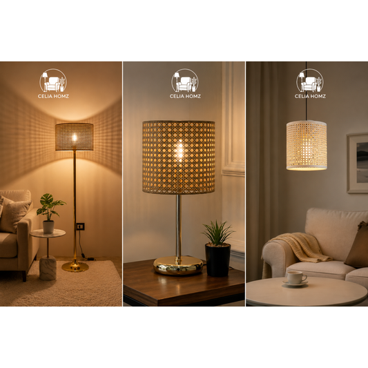 3-Piece Rattan & Gold Lighting Set – Floor Lamp, Table Shade & Pendant