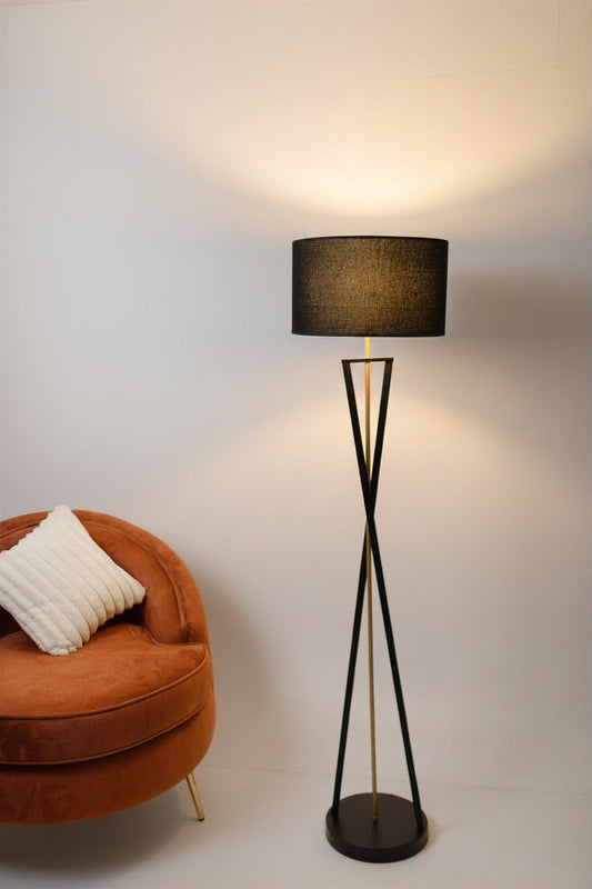 Black iron floor lamp with gold color and black shade - 40x150 cm
