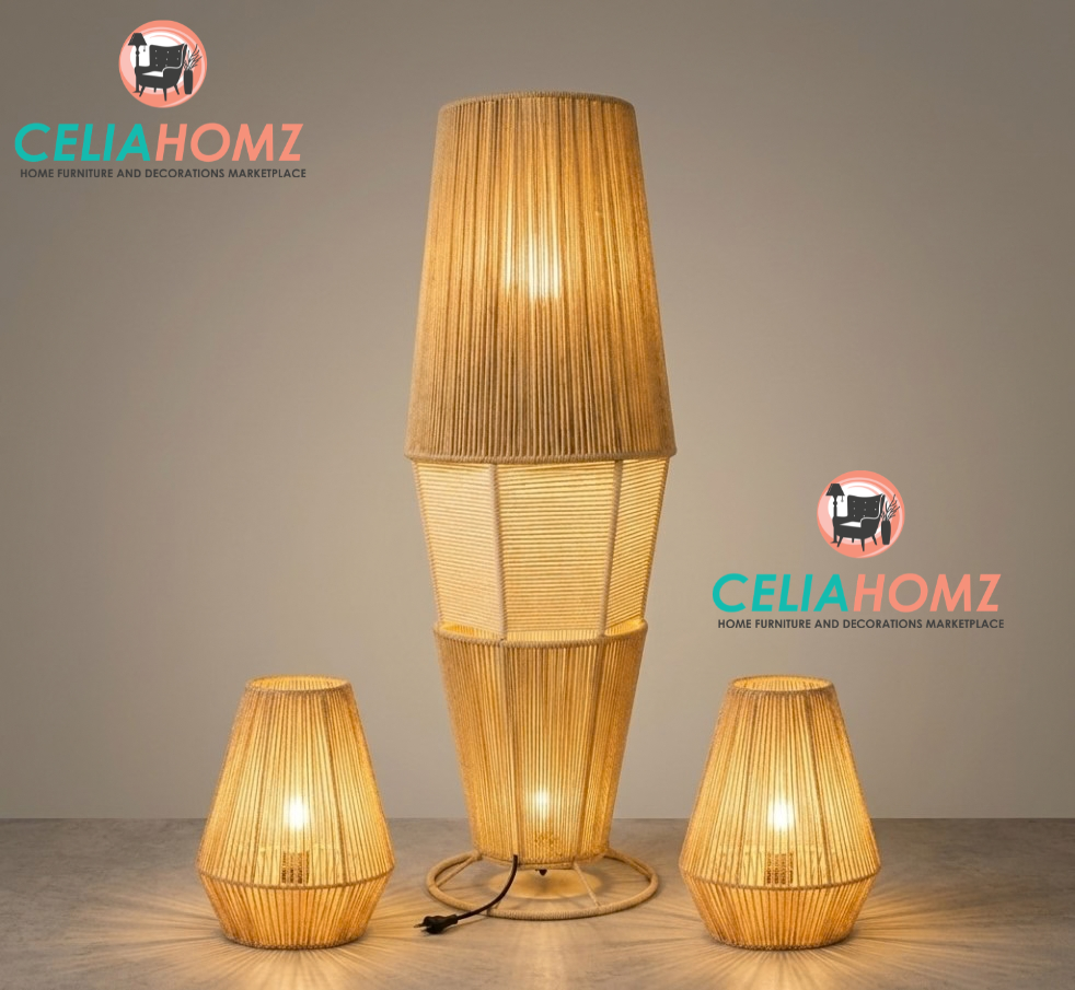 Fabric & Jute Floor Lamp Set — 3 Pieces
