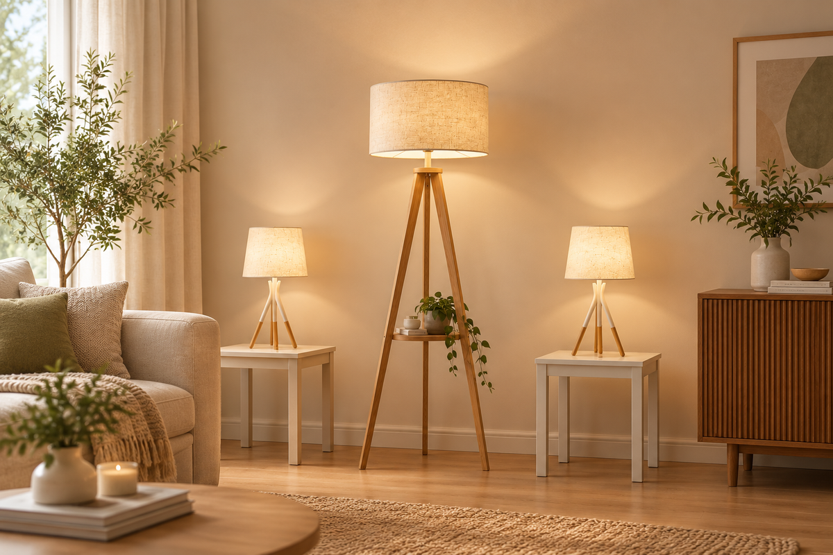 3-Piece Lighting Set – Musky Wood Floor Lamp & 2 White-Gold Table Lamps