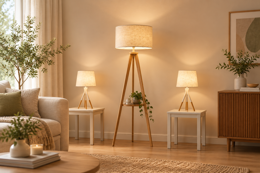 3-Piece Lighting Set – Musky Wood Floor Lamp & 2 White-Gold Table Lamps