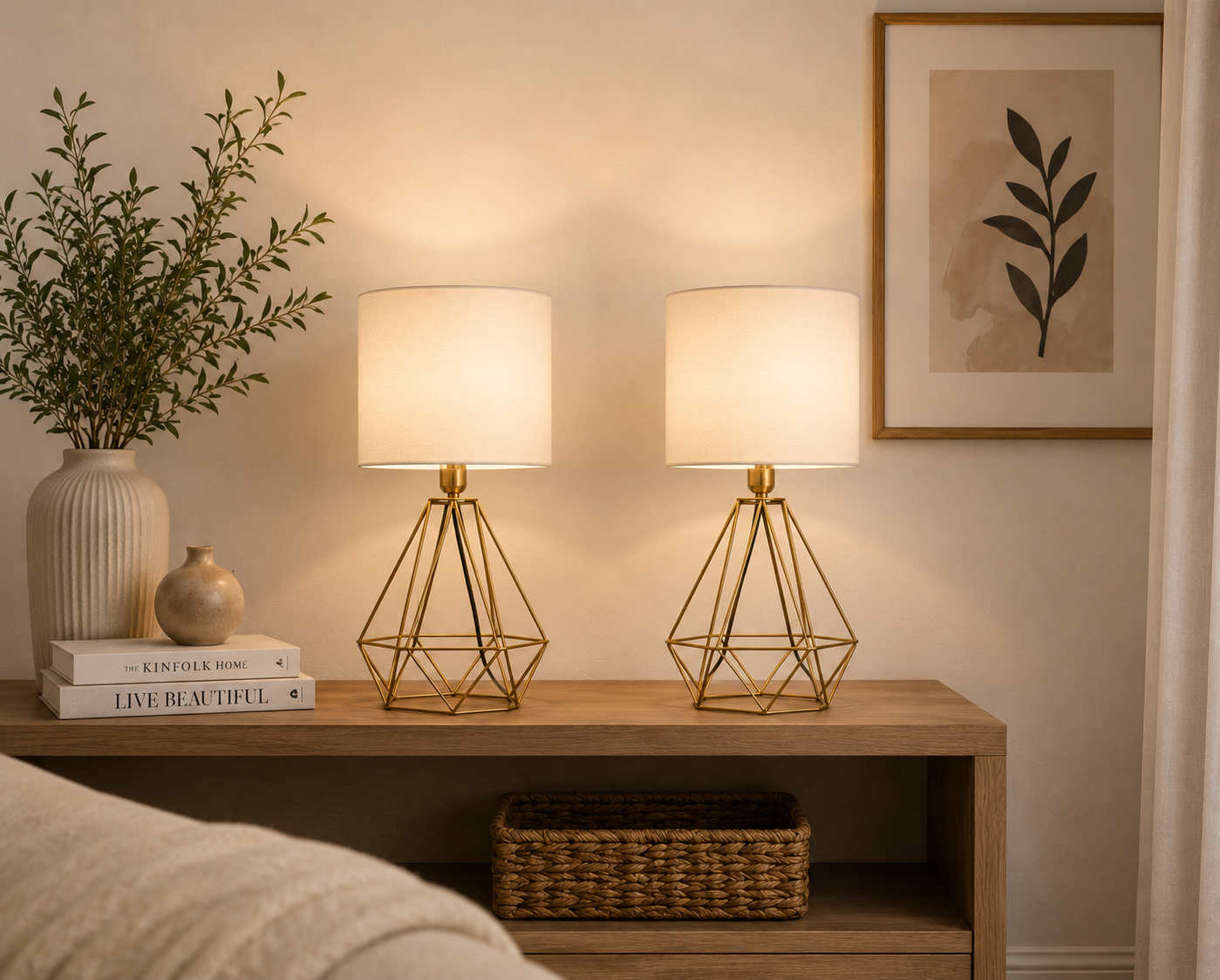 Gold metal lamp with beige linen - 17×37×17 cm  2  Pices