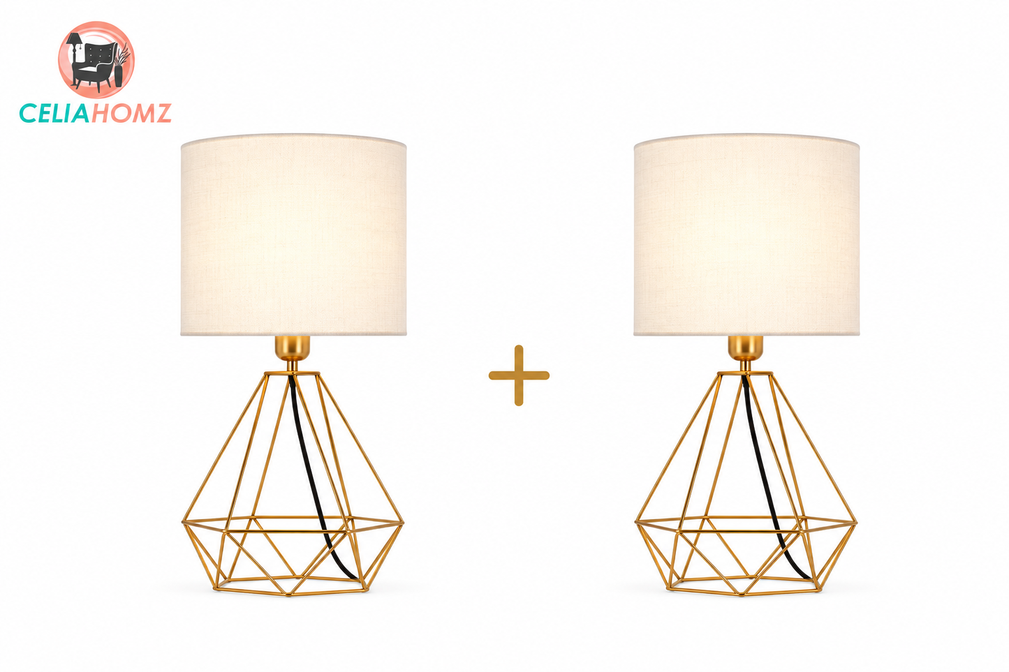 Gold metal lamp with beige linen - 17×37×17 cm  2  Pices