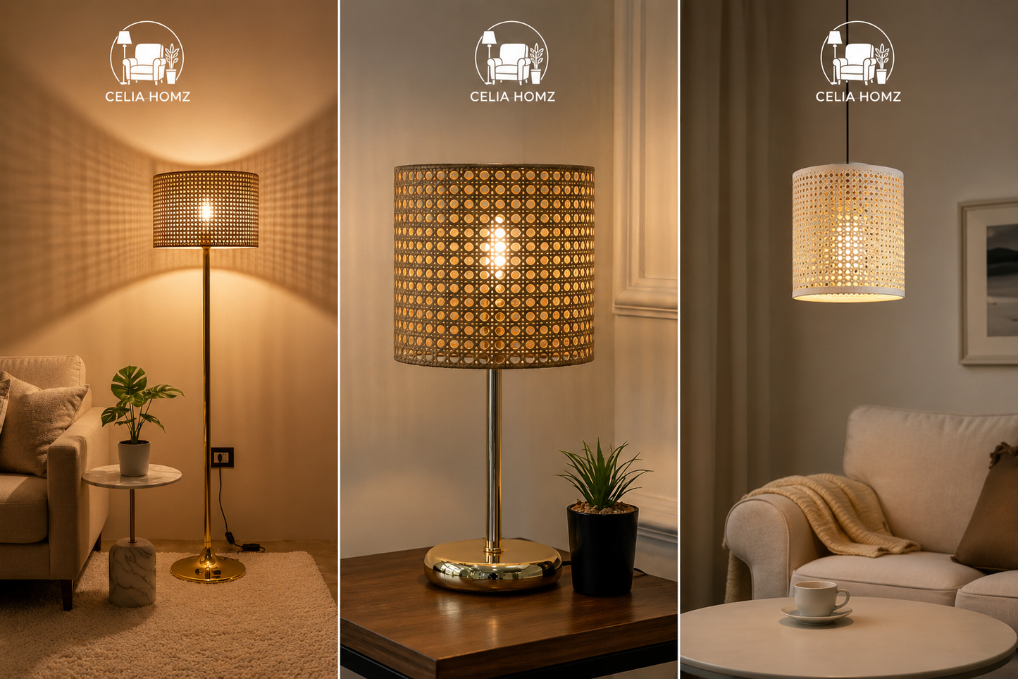 3-Piece Rattan & Gold Lighting Set – Floor Lamp, Table Shade & Pendant
