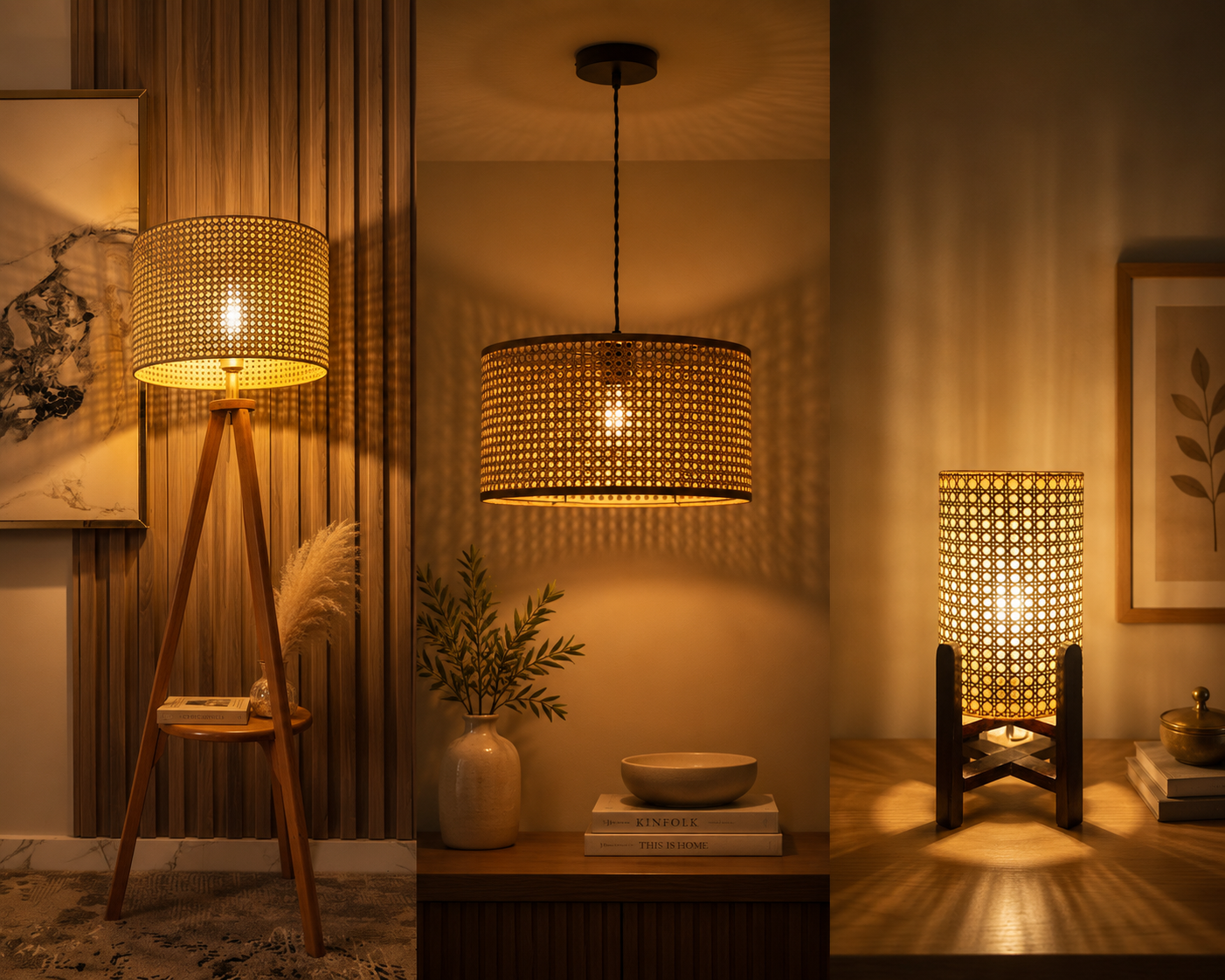 3-Piece Rattan Cane Lighting Set – Floor Lamp, Pendant & Table Shade