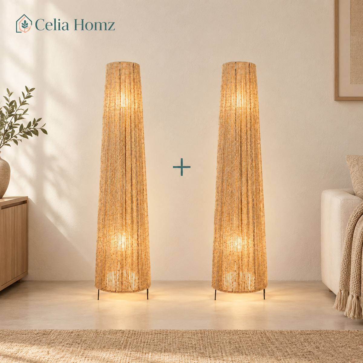 Fabric Floor Lamp Beige - 25 x 110 cm - Set of 2