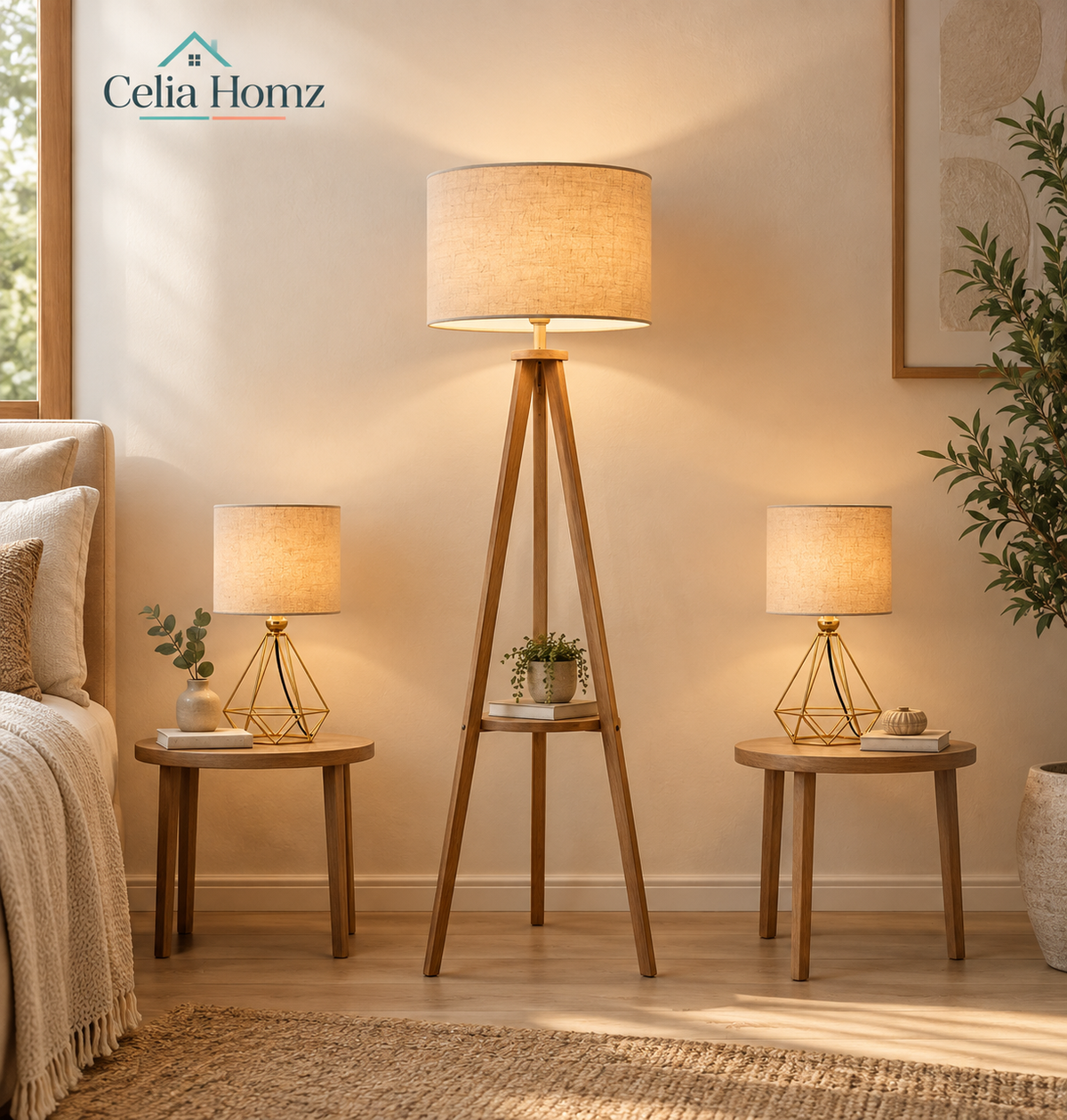 3-Piece Lighting Set – Tripod Floor Lamp & 2 Gold Geometric Table Lamps