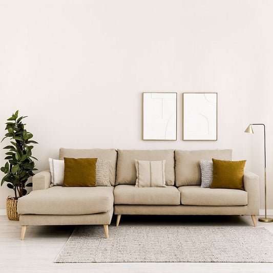 Two-piece corner sofa, beech wood and linen - beige